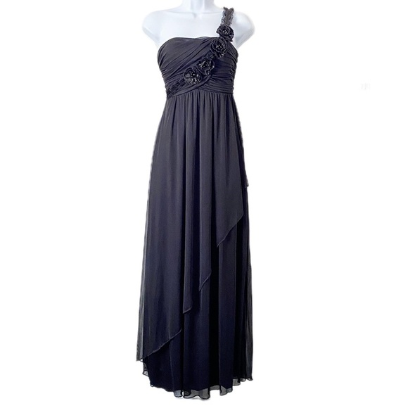 City Studio One-Shoulder Long Formal Chiffon Dress Black Floral Gothic Size 3 - Picture 1 of 10